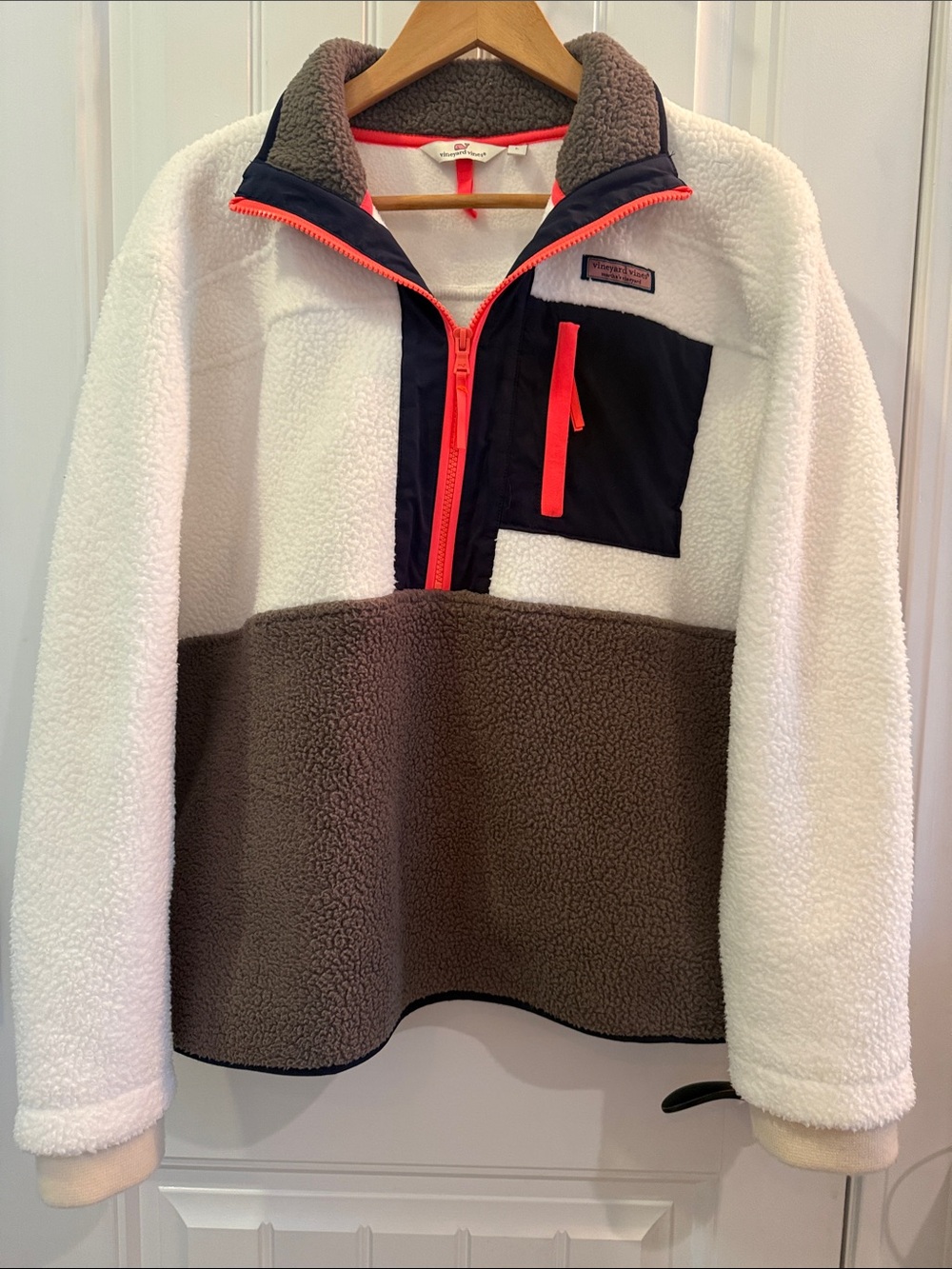 Vineyard Vines Sherpa Pullover Women Large Colorblock Fleece Neon Orange 1/4 Zip